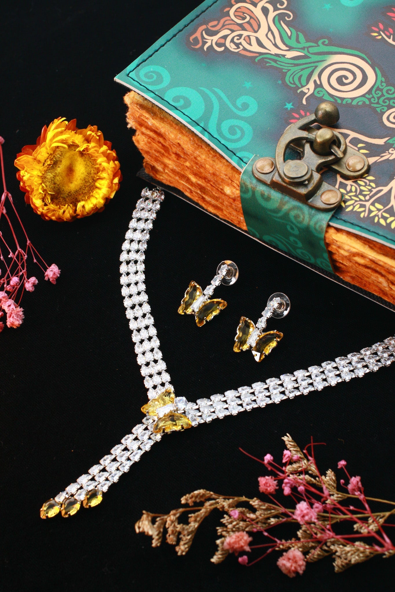 Yellow Butterfly Drop Korean Glass Stone Necklace Set | Statement Jewellery - Maxiblink