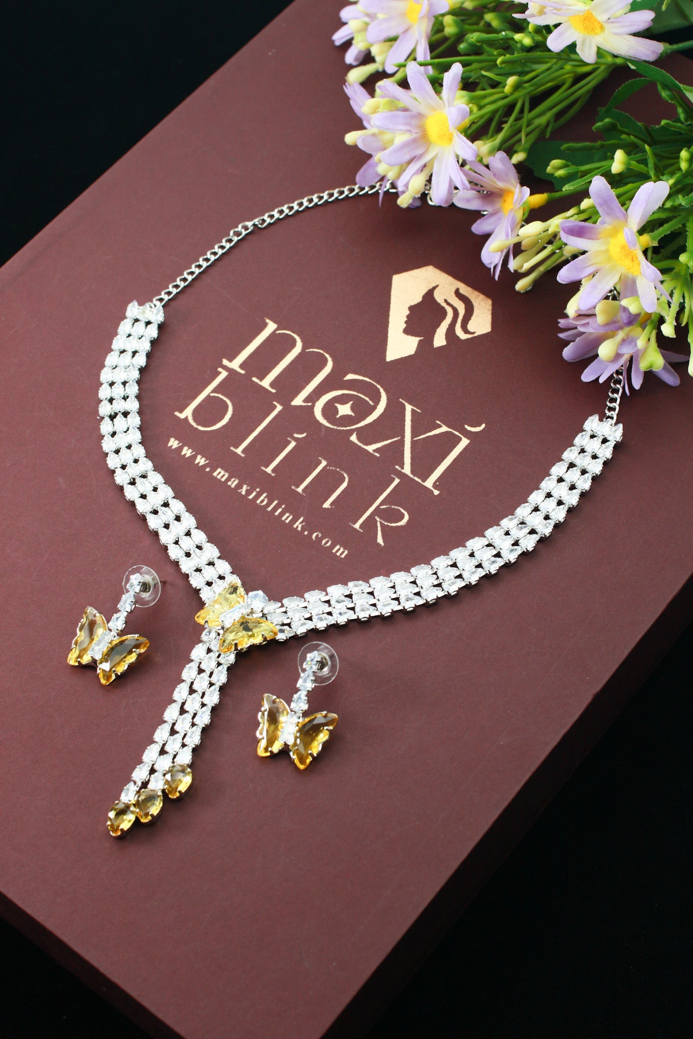 Yellow Butterfly Drop Korean Glass Stone Necklace Set | Statement Jewellery - Maxiblink