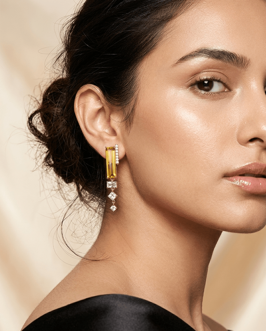 Yellow Citrine Baguette Crystal Drop Earrings - Maxiblink