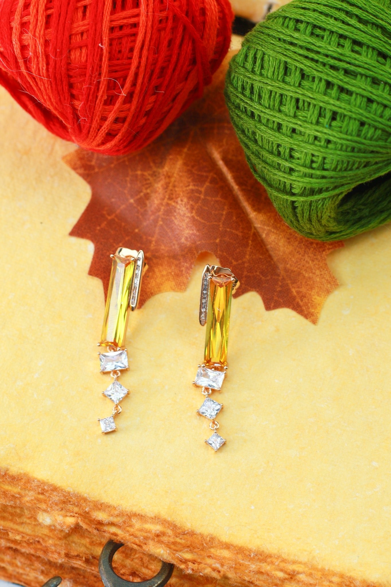 Yellow Citrine Baguette Crystal Drop Earrings - Maxiblink
