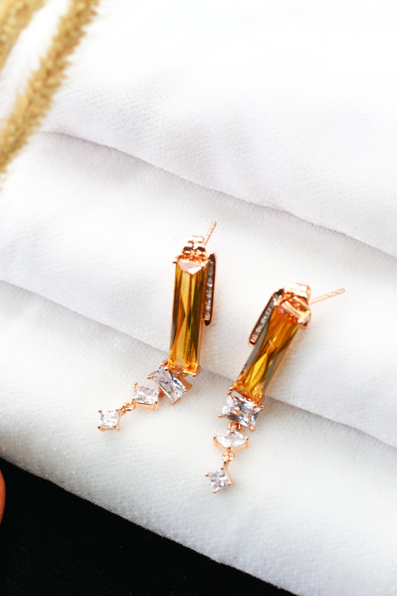 Yellow Citrine Baguette Crystal Drop Earrings - Maxiblink