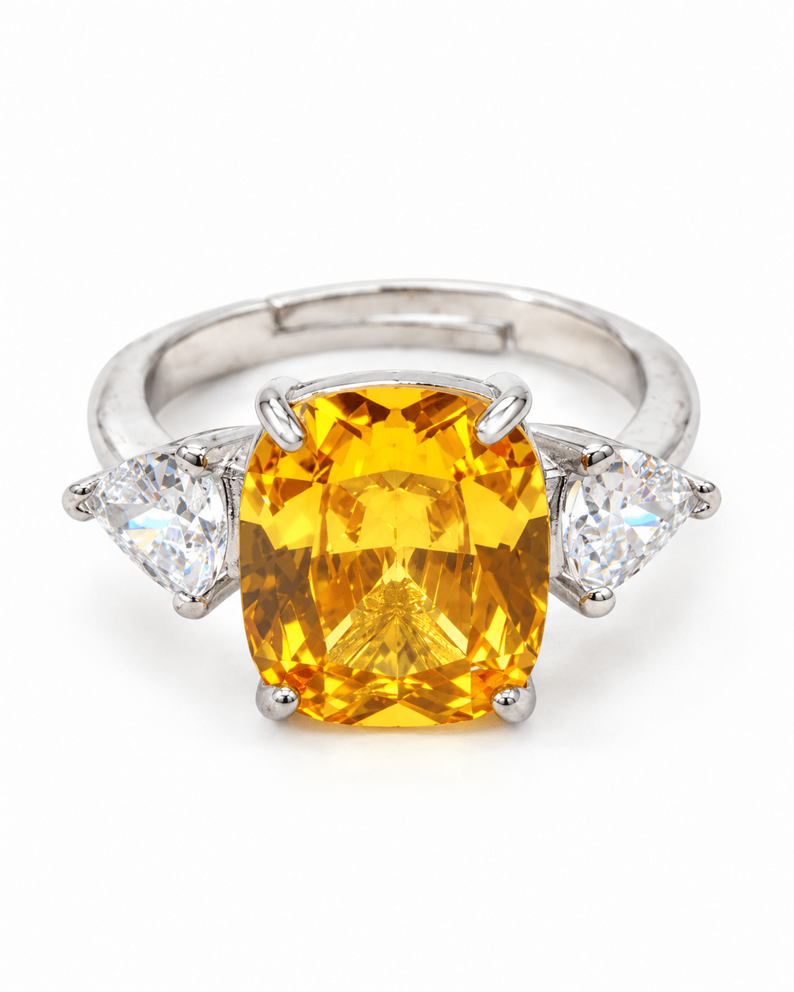 Yellow Cushion-Cut Three-Stone Ring with Heart Accents - Maxiblink