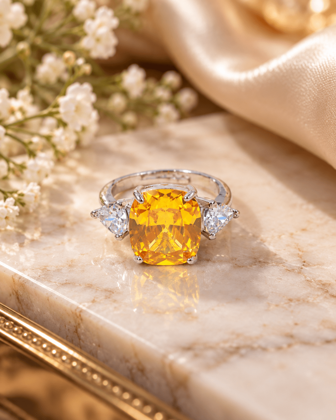 Yellow Cushion-Cut Three-Stone Ring with Heart Accents - Maxiblink