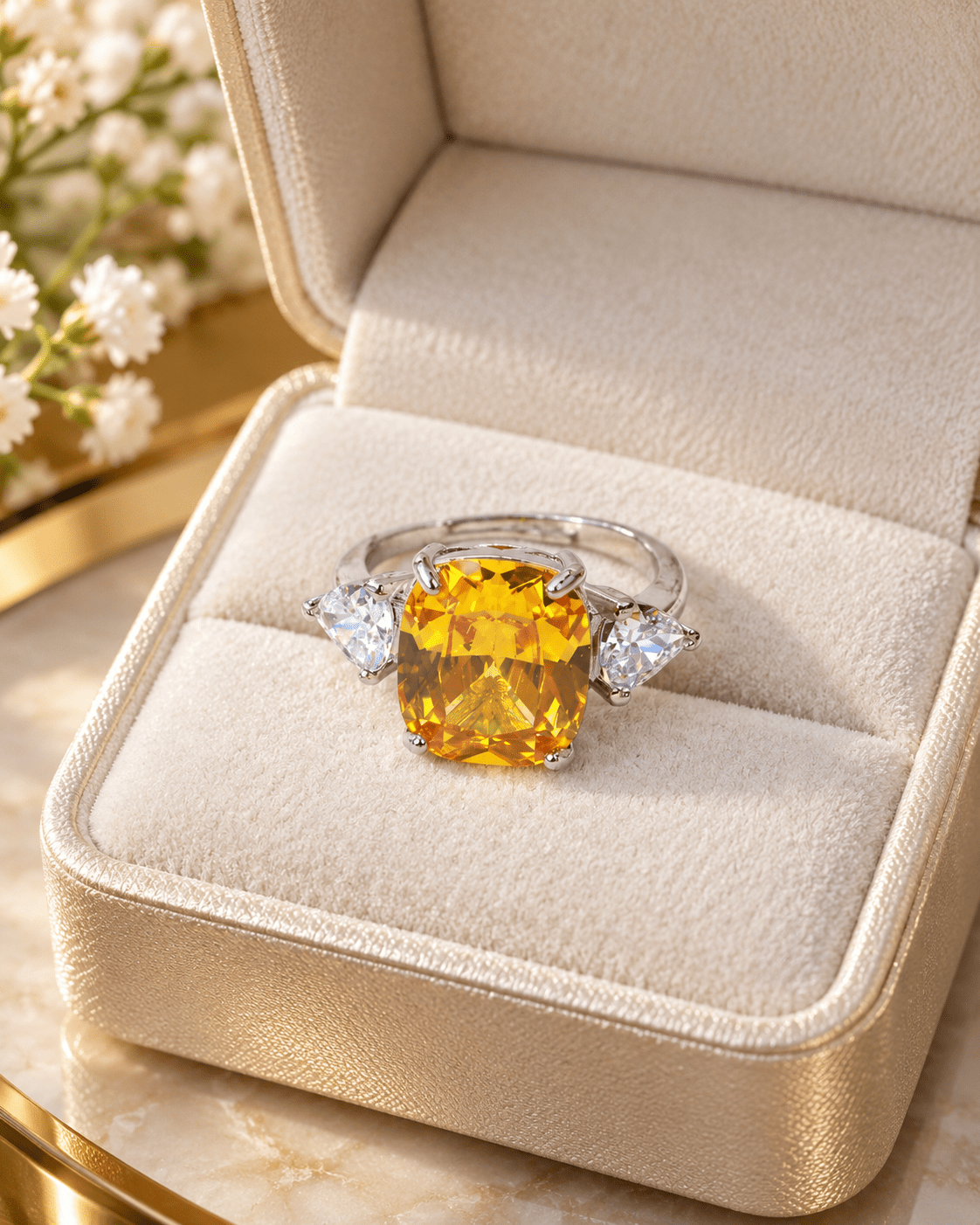 Yellow Cushion-Cut Three-Stone Ring with Heart Accents - Maxiblink