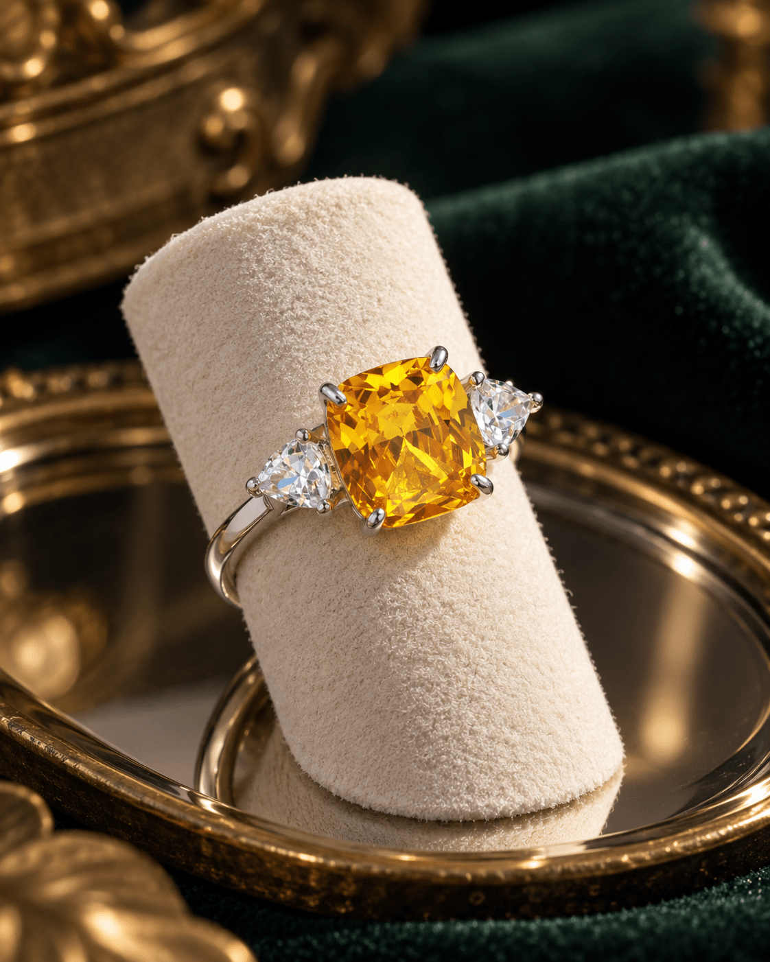 Yellow Cushion-Cut Three-Stone Ring with Heart Accents - Maxiblink