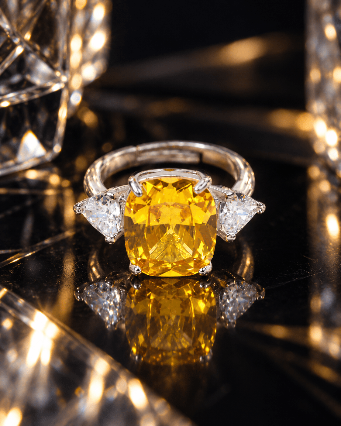 Yellow Cushion-Cut Three-Stone Ring with Heart Accents - Maxiblink