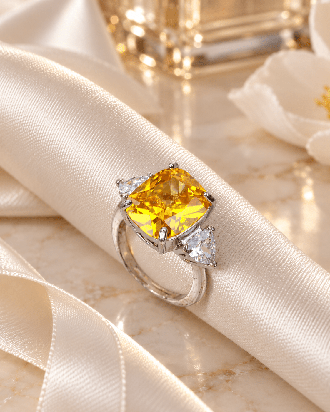 Yellow Cushion-Cut Three-Stone Ring with Heart Accents - Maxiblink