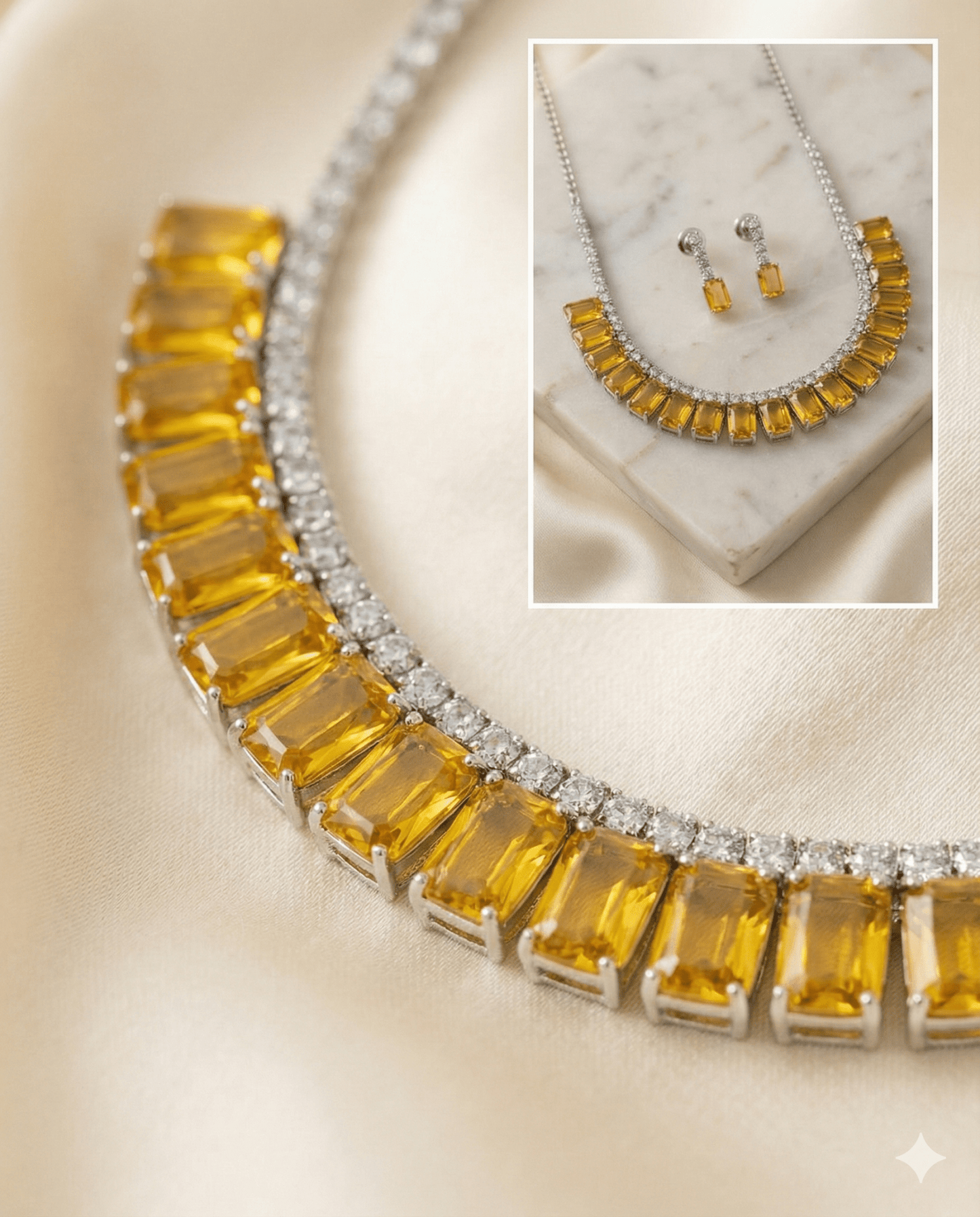 Yellow Emerald Cut Korean Glass Stone Necklace Set | Premium Crystal Jewellery - Maxiblink