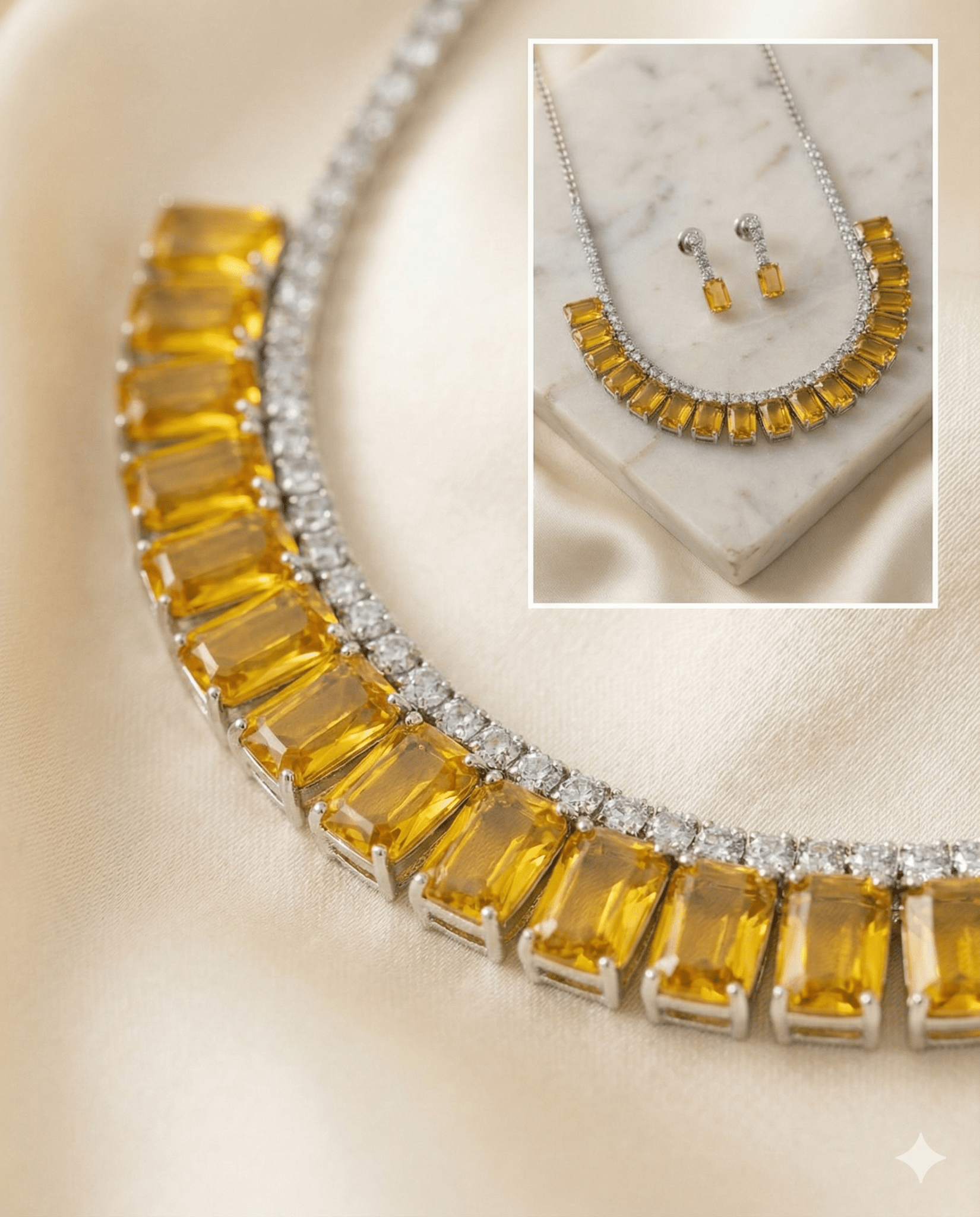 Yellow Emerald Cut Korean Glass Stone Necklace Set | Premium Crystal Jewellery - Maxiblink