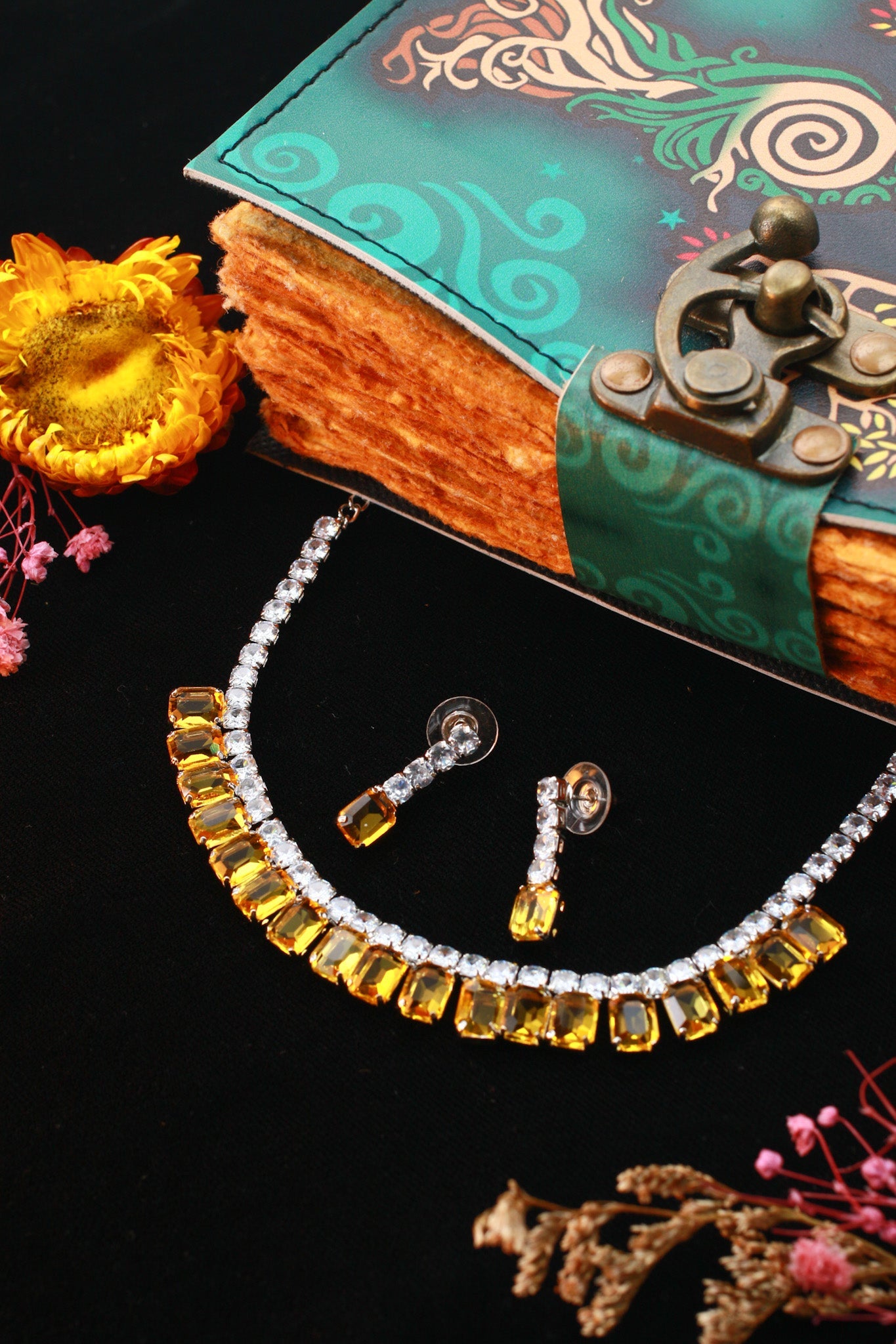 Yellow Emerald Cut Korean Glass Stone Necklace Set | Premium Crystal Jewellery - Maxiblink