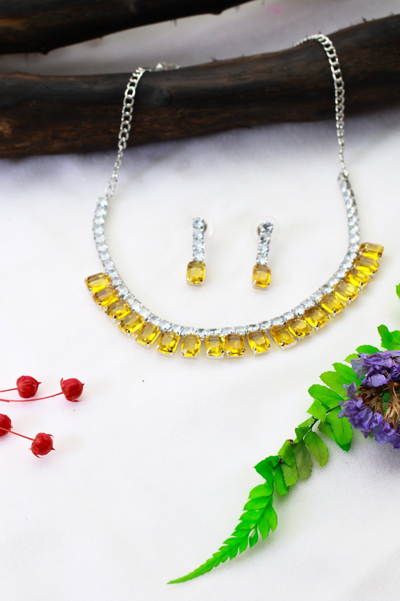 Yellow Emerald Cut Korean Glass Stone Necklace Set | Premium Crystal Jewellery - Maxiblink