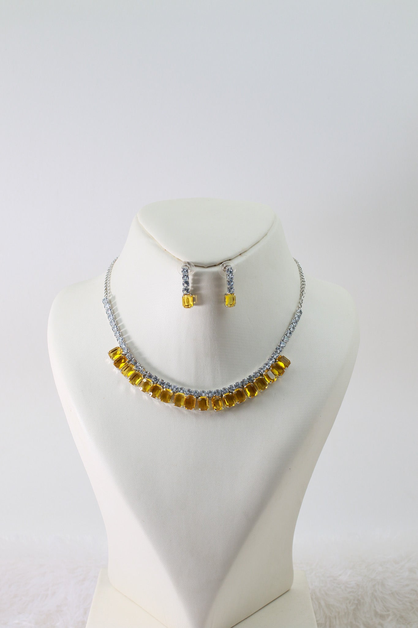 Yellow Emerald Cut Korean Glass Stone Necklace Set | Premium Crystal Jewellery - Maxiblink