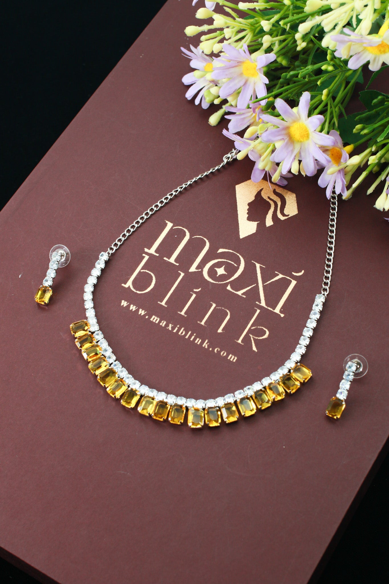 Yellow Emerald Cut Korean Glass Stone Necklace Set | Premium Crystal Jewellery - Maxiblink