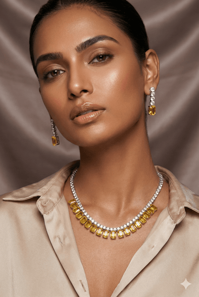 Yellow Emerald Cut Korean Glass Stone Necklace Set | Premium Crystal Jewellery - Maxiblink