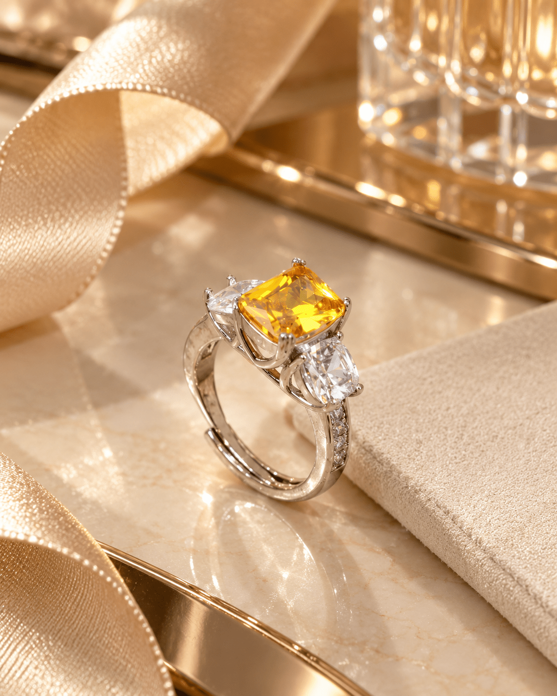 Yellow Emerald-Cut Three-Stone Ring with Cushion Sides - Maxiblink