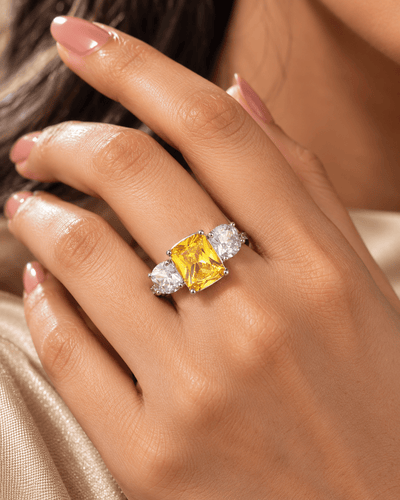 Yellow Emerald-Cut Three-Stone Ring with Cushion Sides - Maxiblink