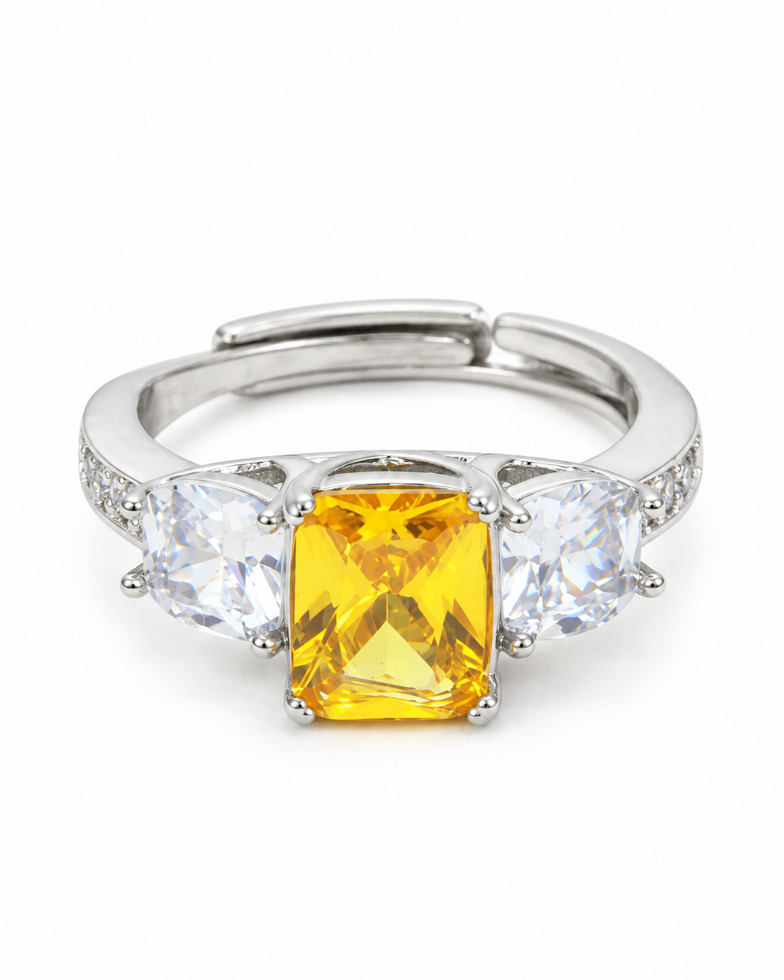 Yellow Emerald-Cut Three-Stone Ring with Cushion Sides - Maxiblink
