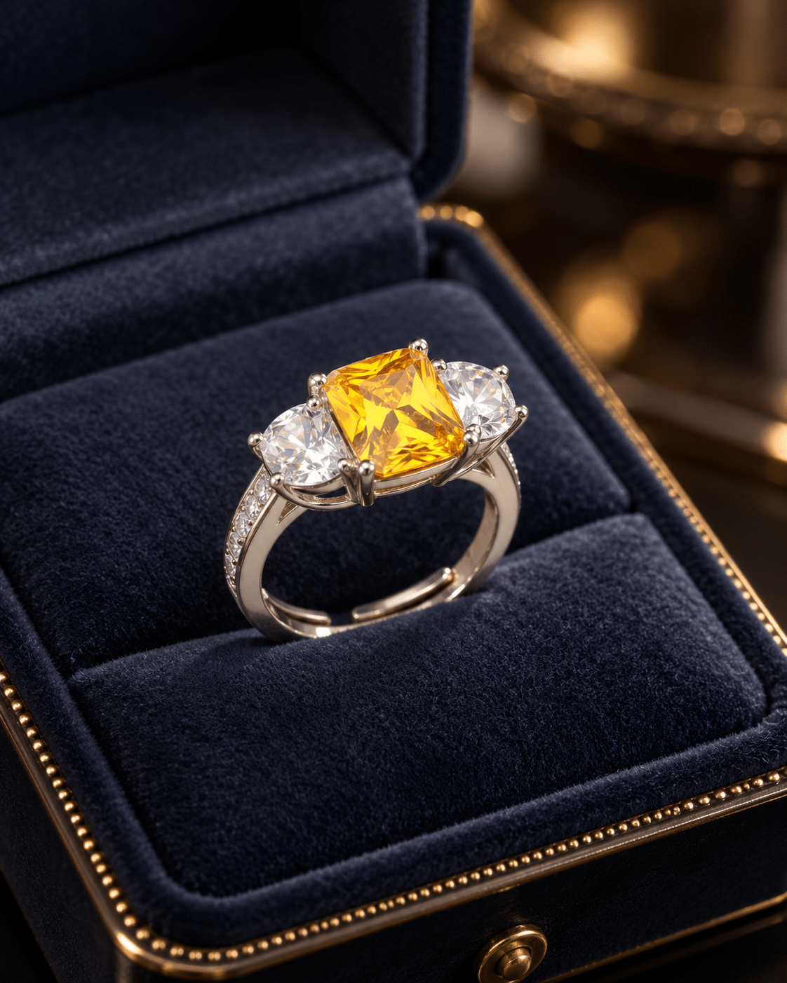 Yellow Emerald-Cut Three-Stone Ring with Cushion Sides - Maxiblink