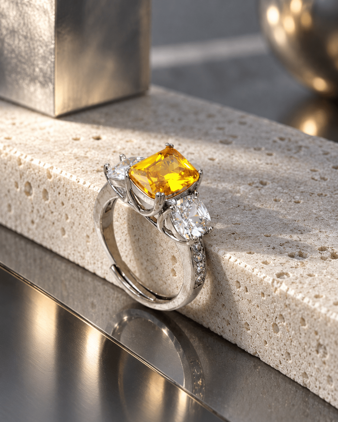 Yellow Emerald-Cut Three-Stone Ring with Cushion Sides - Maxiblink