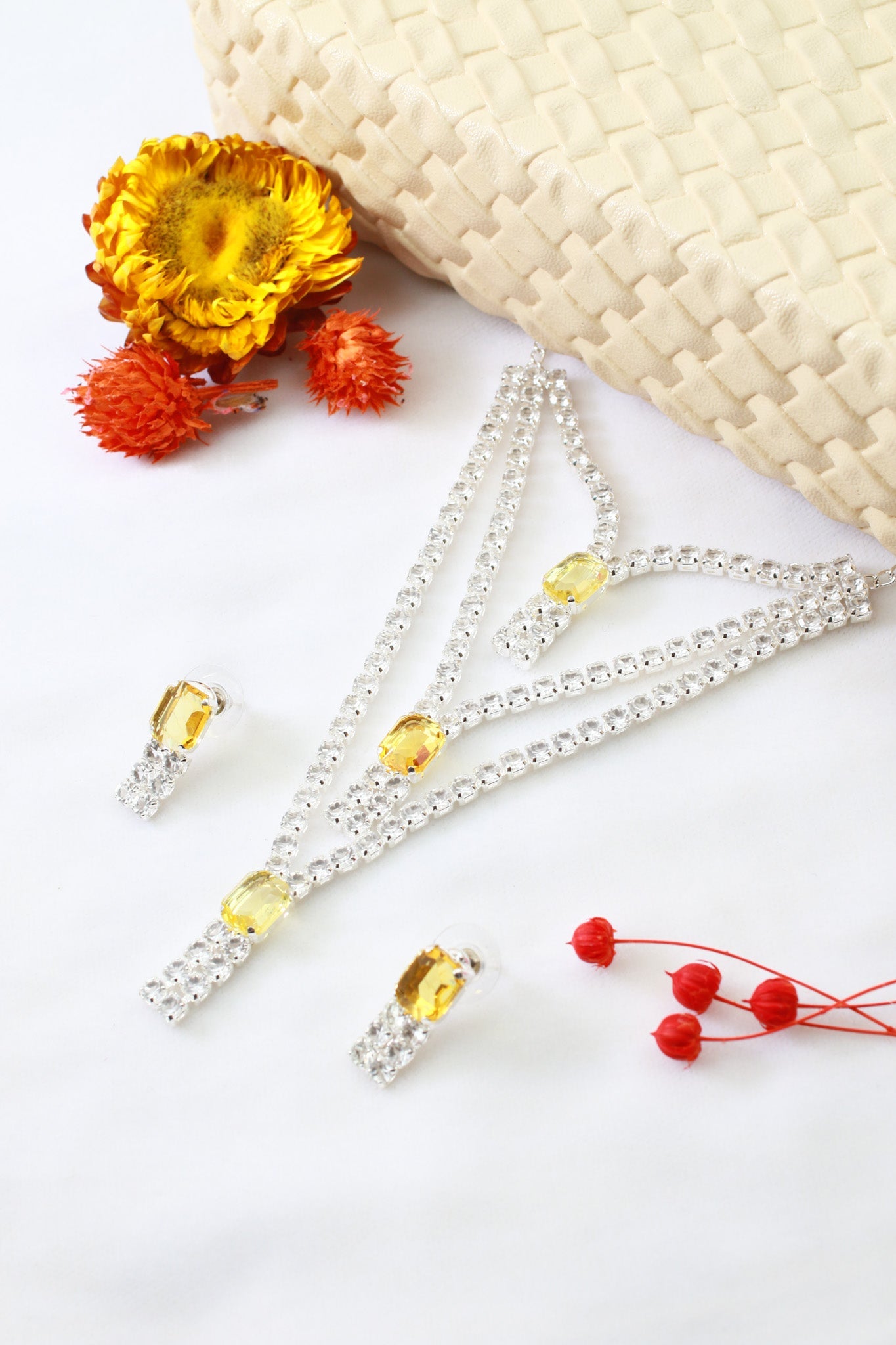 Yellow Layered Korean Glass Stone Necklace Set | Statement Jewellery - Maxiblink