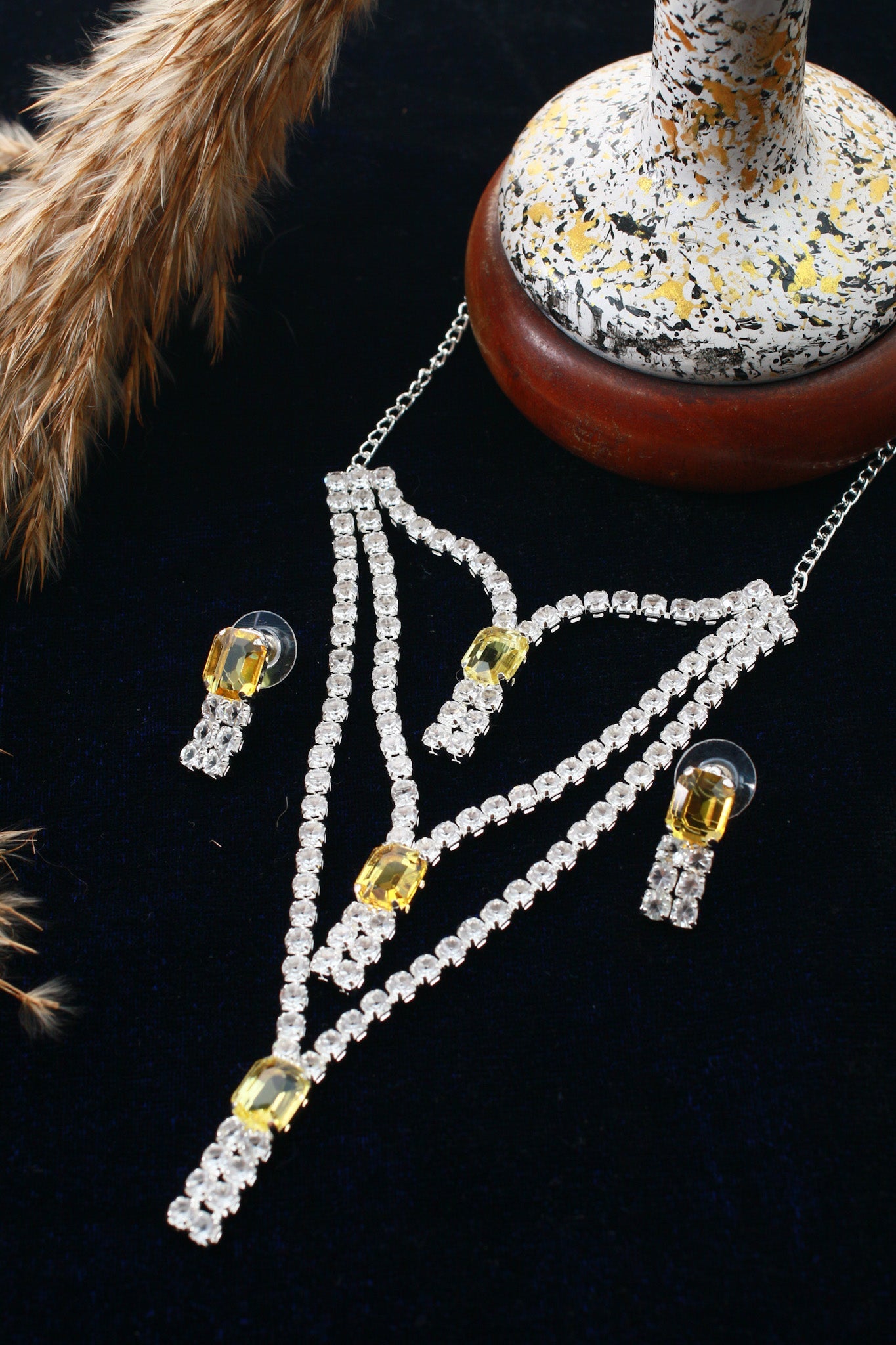 Yellow Layered Korean Glass Stone Necklace Set | Statement Jewellery - Maxiblink