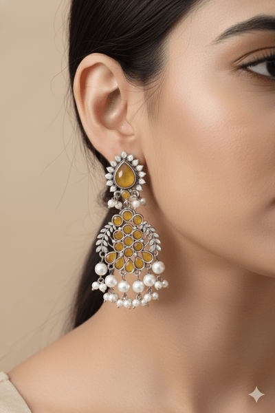 Yellow Monalisa Chandbali with Pearl Drops | Oxidised German Silver - Maxiblink