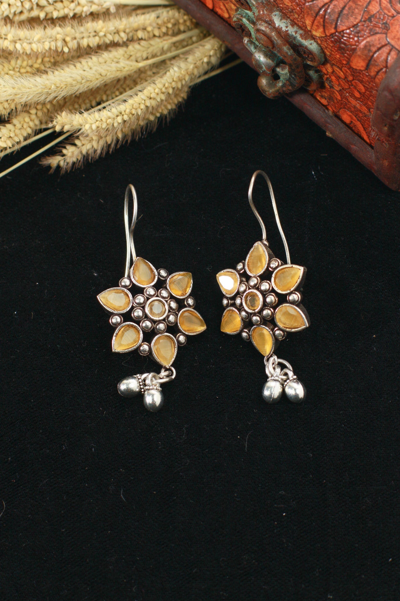 Yellow Monalisa Floral Drop Oxidised German Silver Earrings – Ghungroo Accent - Maxiblink