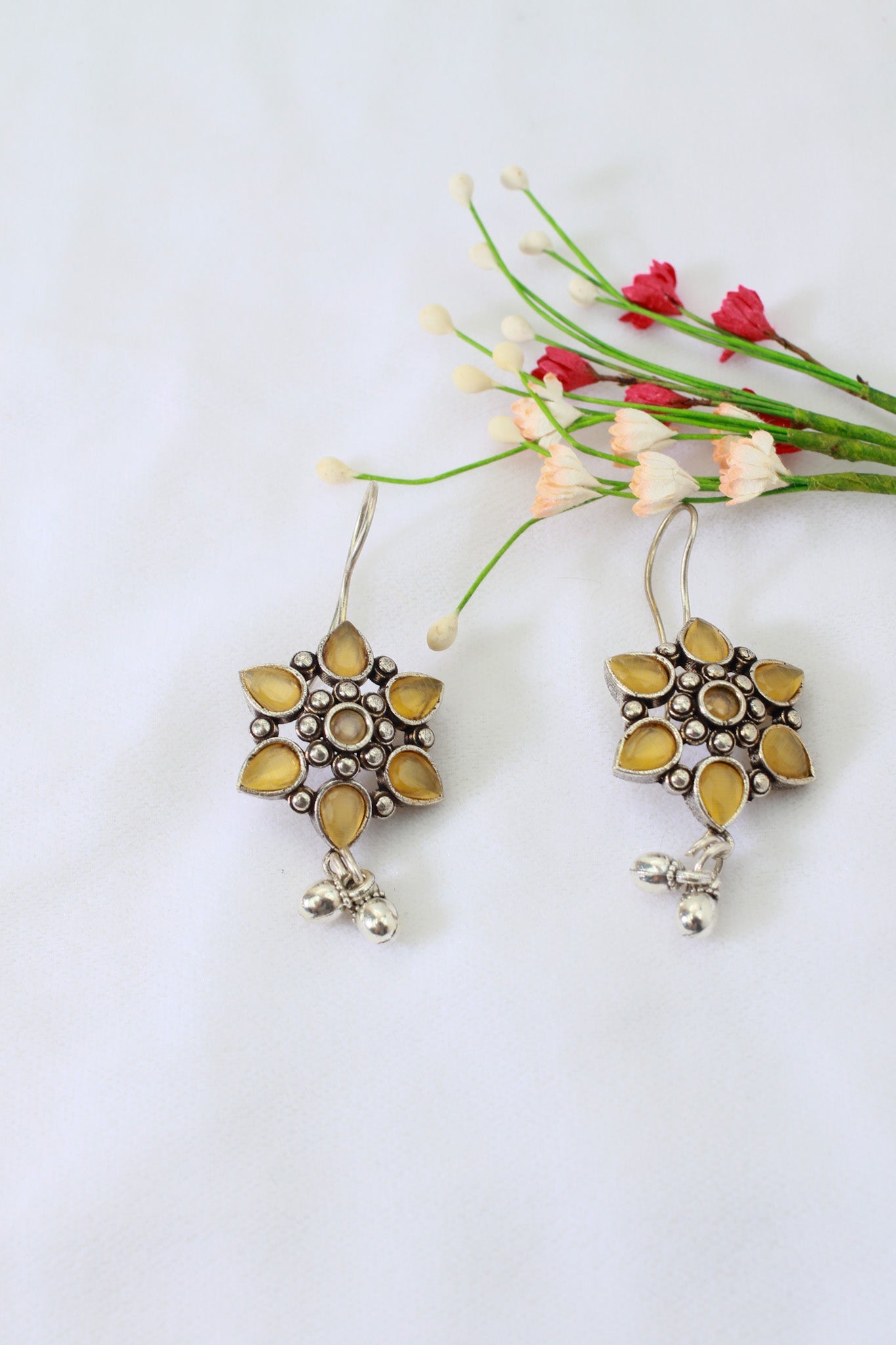 Yellow Monalisa Floral Drop Oxidised German Silver Earrings – Ghungroo Accent - Maxiblink