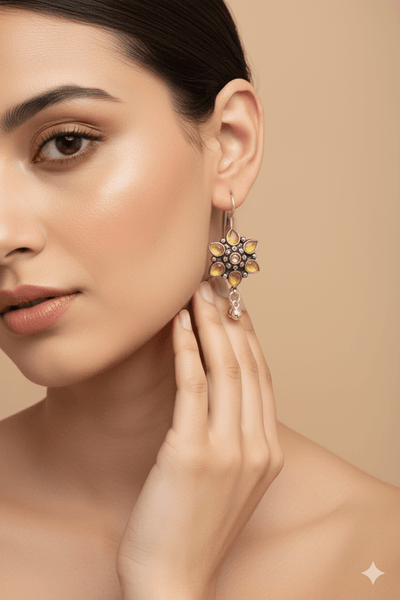 Yellow Monalisa Floral Drop Oxidised German Silver Earrings – Ghungroo Accent - Maxiblink