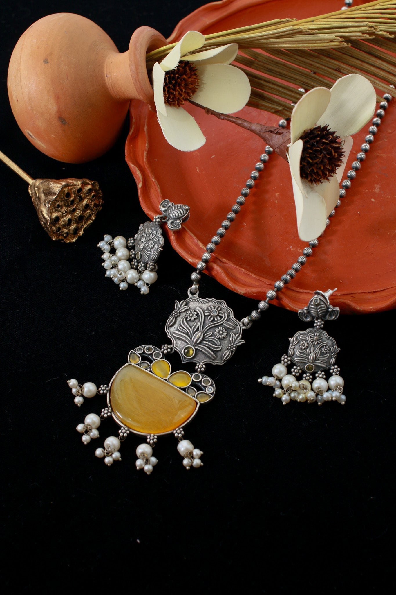 Yellow Monalisa Floral Panel Pendant Set with Pearls | Oxidised German Silver - Maxiblink