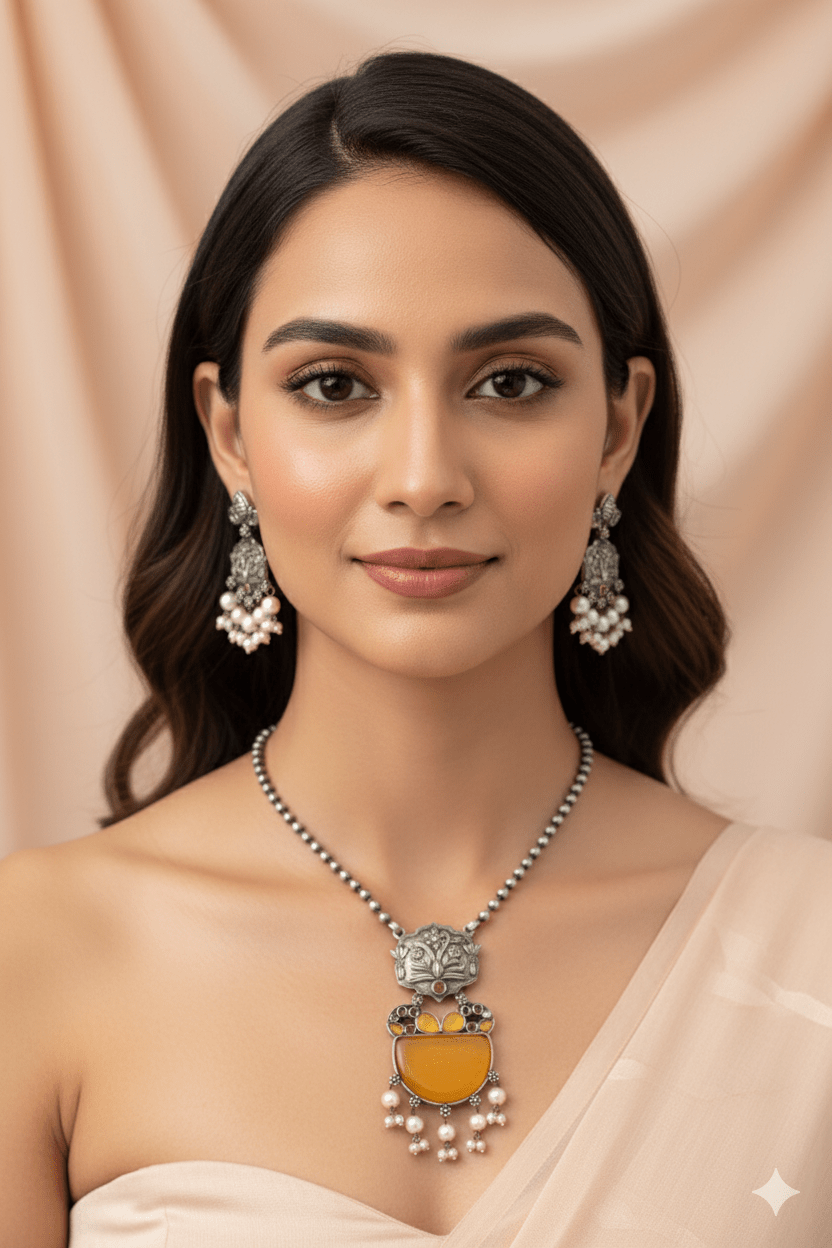 Yellow Monalisa Floral Panel Pendant Set with Pearls | Oxidised German Silver - Maxiblink