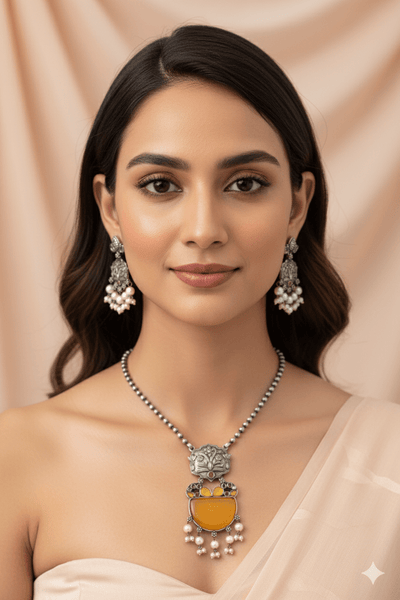 Yellow Monalisa Floral Panel Pendant Set with Pearls | Oxidised German Silver - Maxiblink
