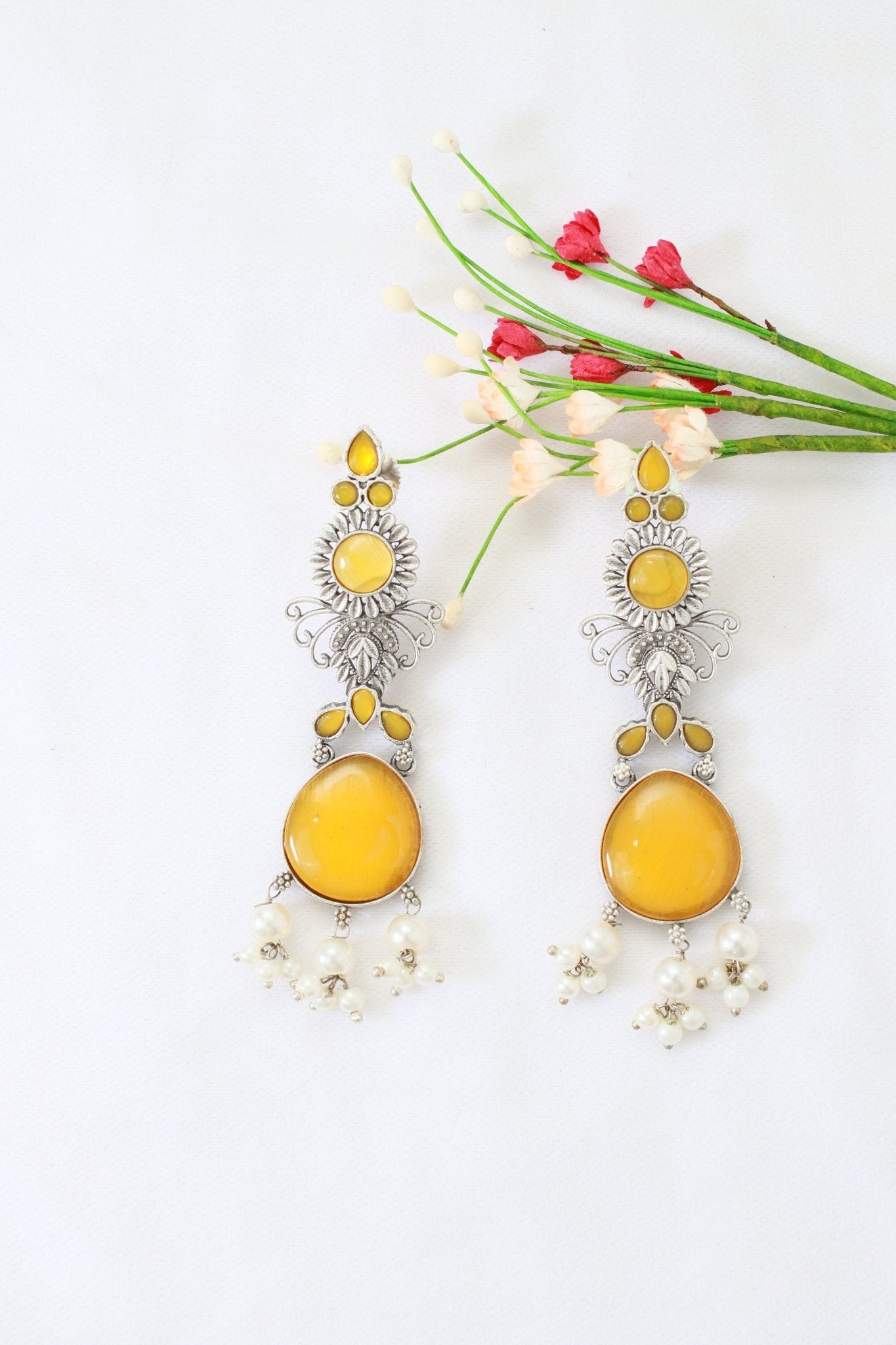 Yellow Monalisa Stone Long Oxidised German Silver Earrings with Pearls - Maxiblink