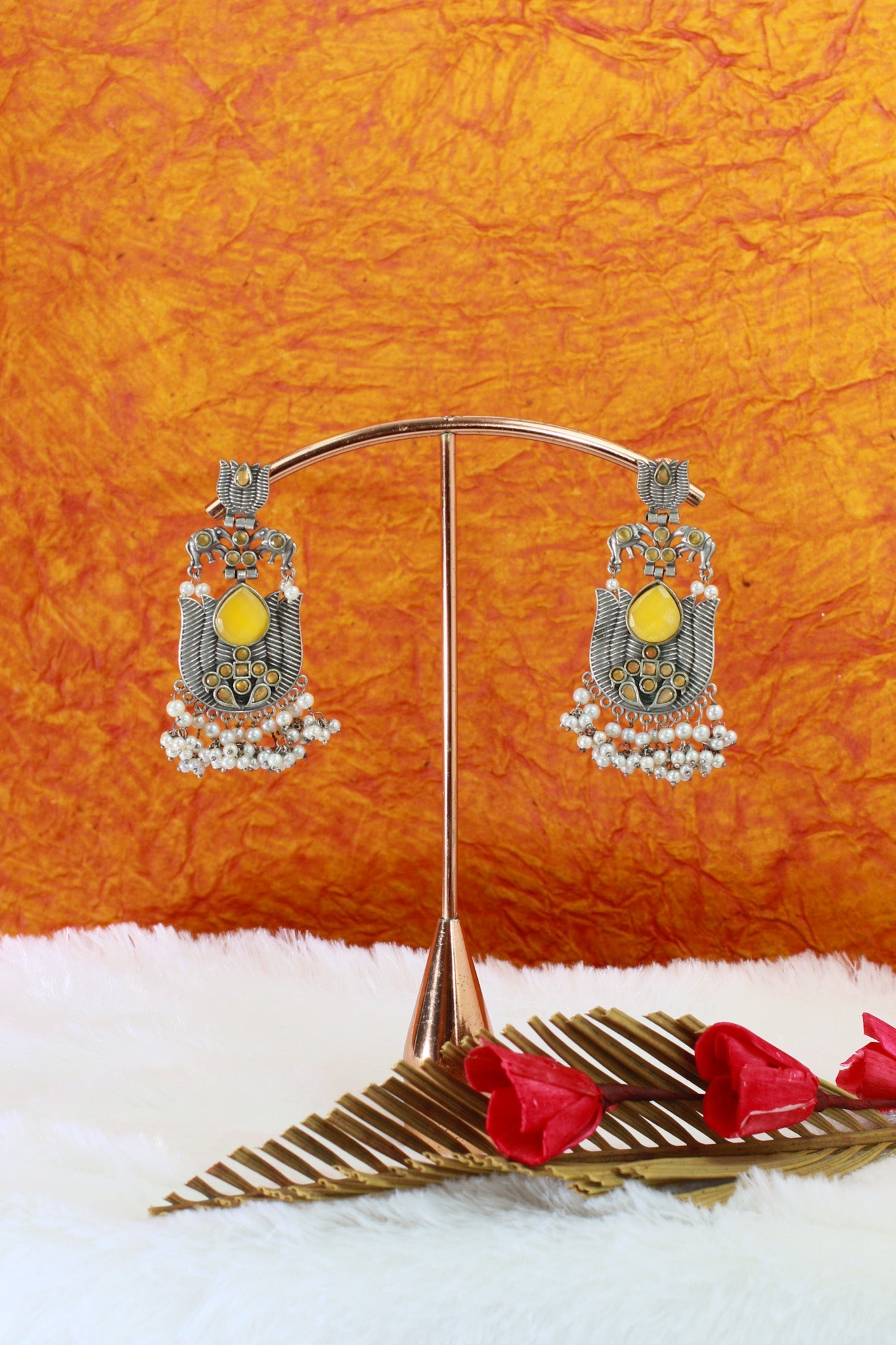 Yellow Monalisa Stone Lotus Design German Silver Earrings - Maxiblink