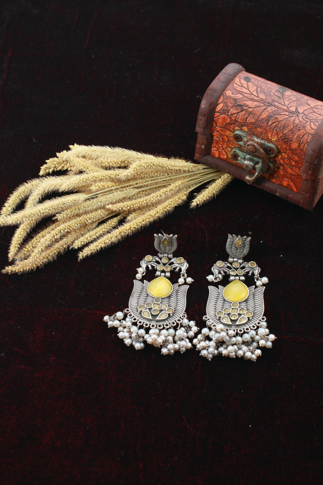 Yellow Monalisa Stone Lotus Design German Silver Earrings - Maxiblink
