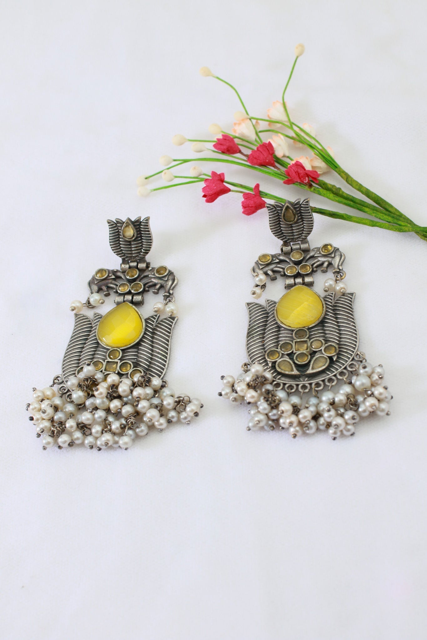 Yellow Monalisa Stone Lotus Design German Silver Earrings - Maxiblink