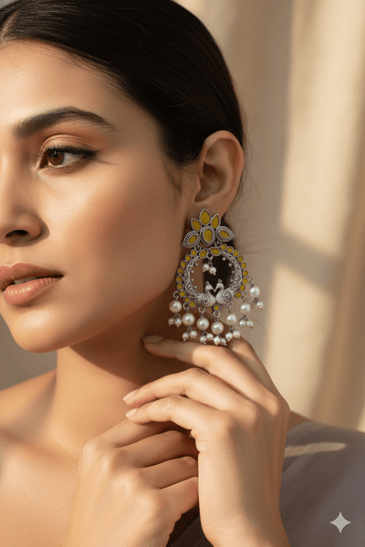 Yellow Monalisa Twin Peacock Chandbali with Pearls | Oxidised - Maxiblink