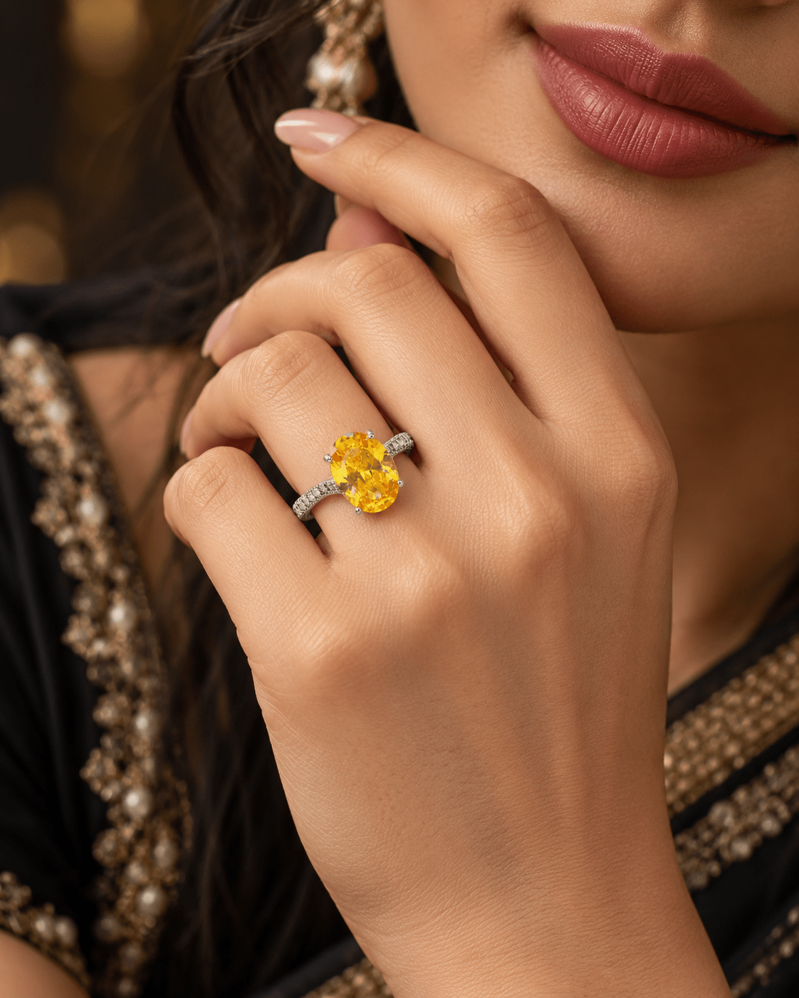 Yellow Oval Solitaire Ring with Pavé Band - Maxiblink