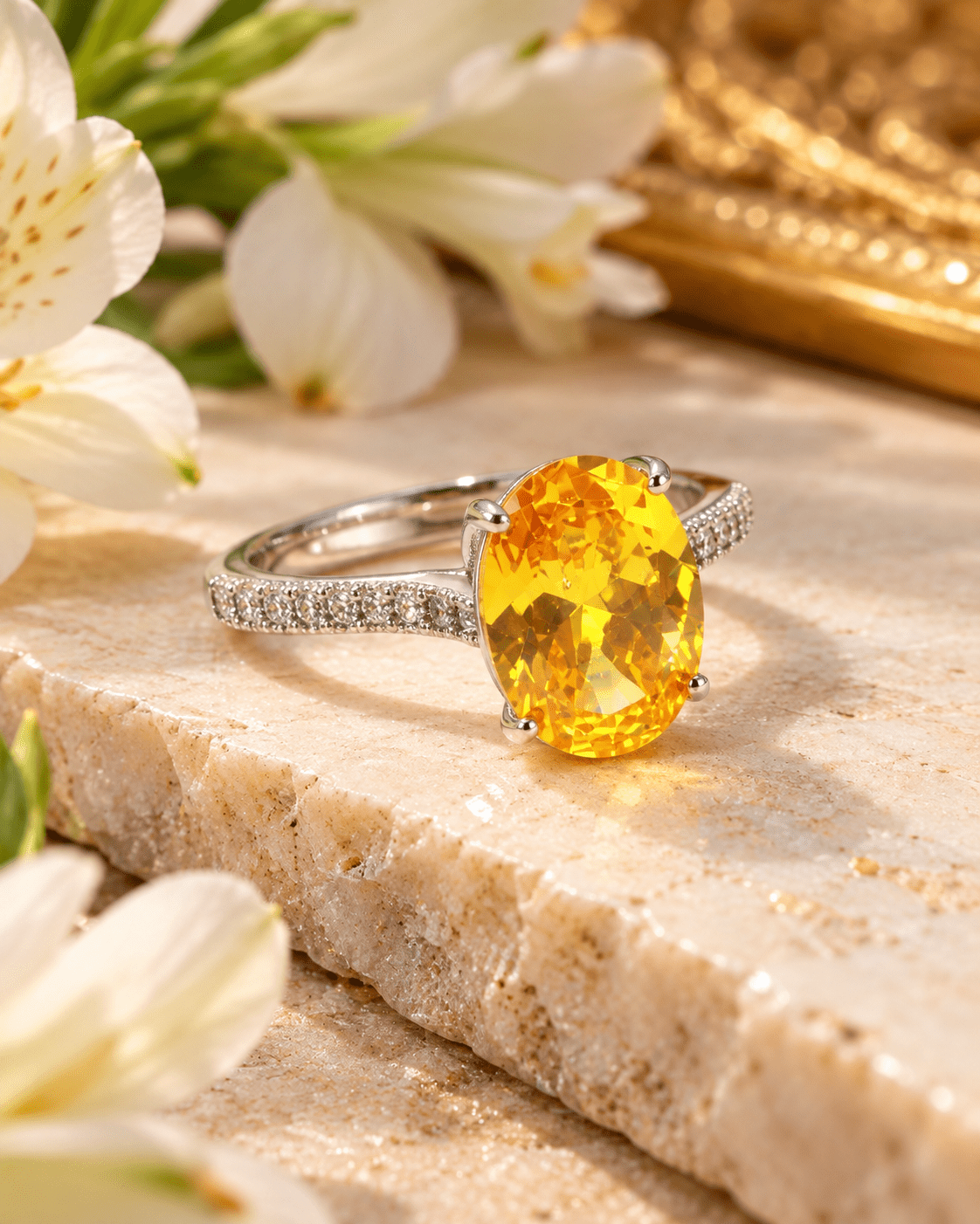 Yellow Oval Solitaire Ring with Pavé Band - Maxiblink