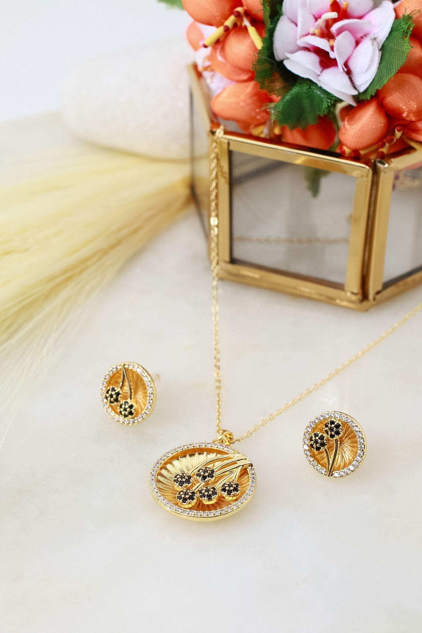 Zircon Flower Medallion Necklace & Earring Set