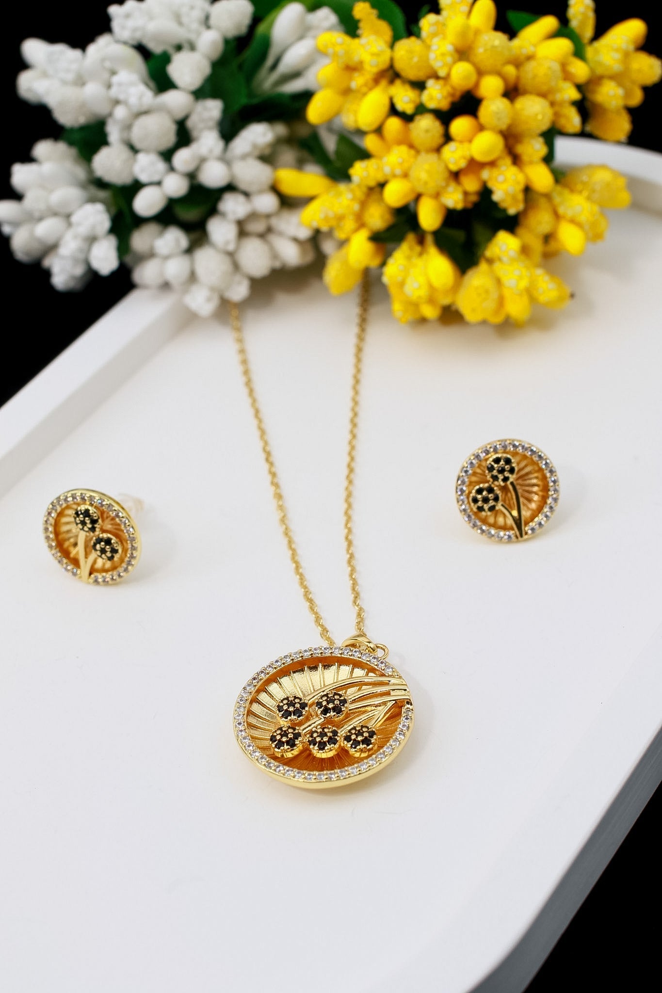 Zircon Flower Medallion Necklace & Earring Set