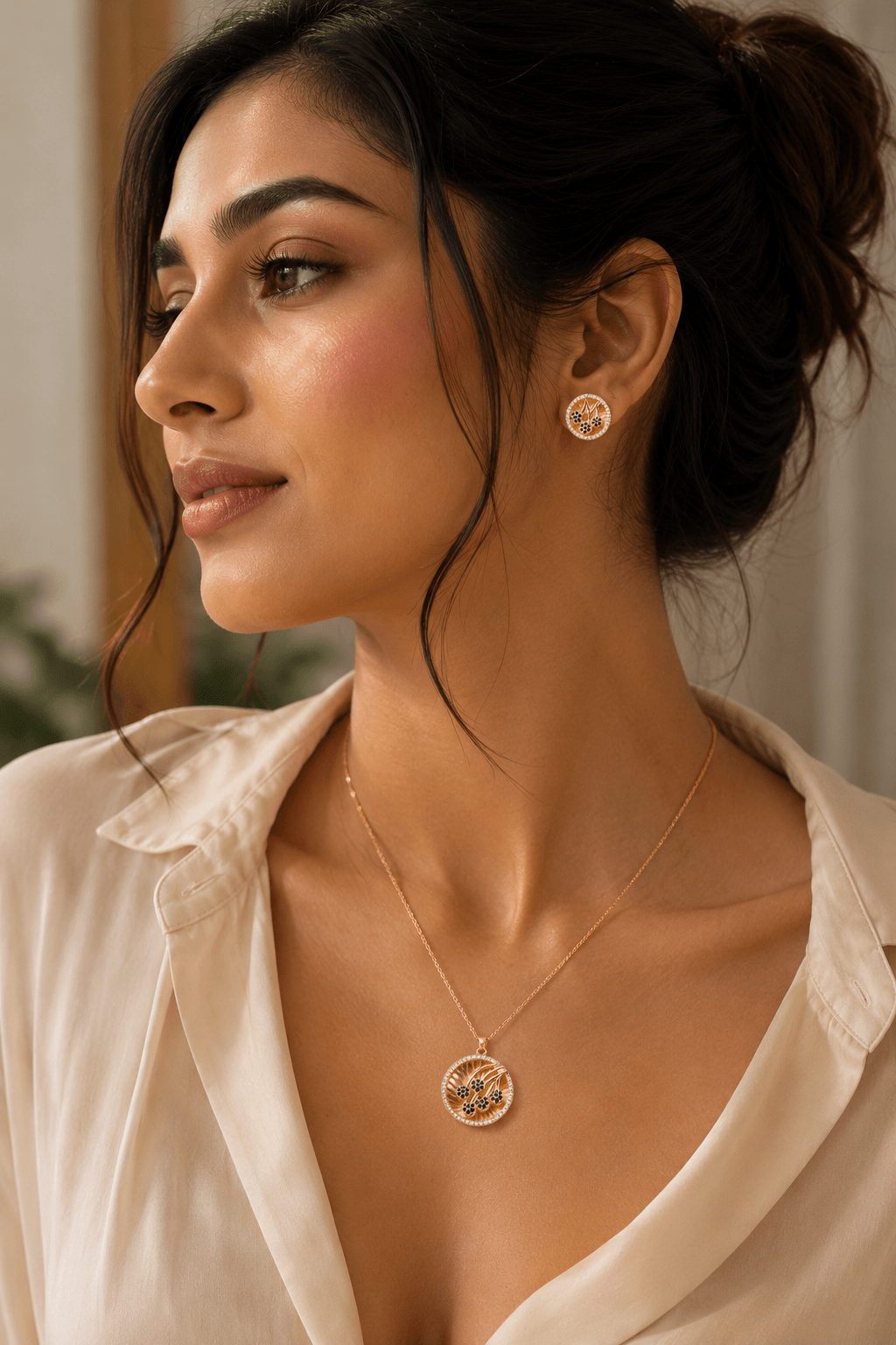Zircon Flower Medallion Necklace & Earring Set