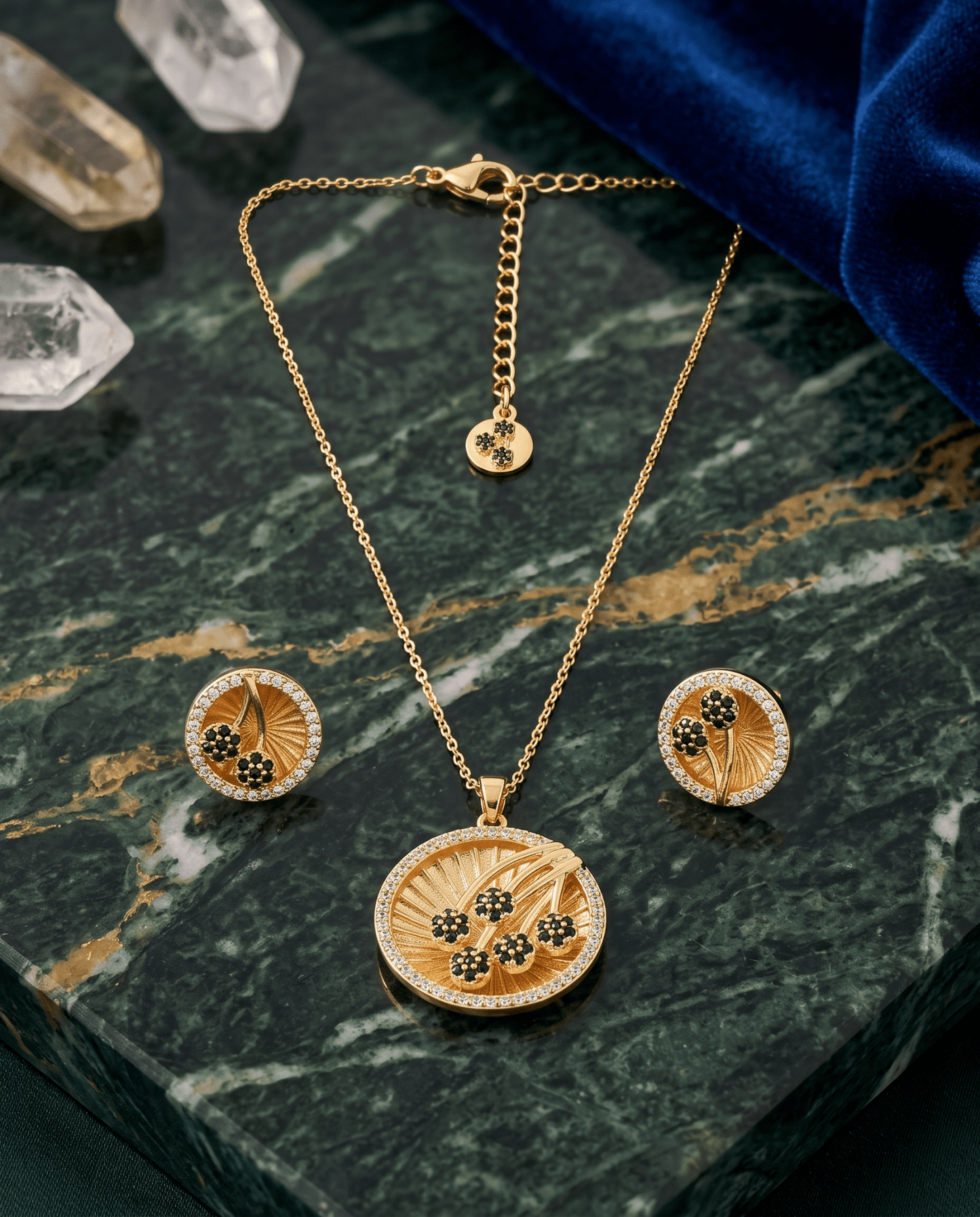 Zircon Flower Medallion Necklace & Earring Set
