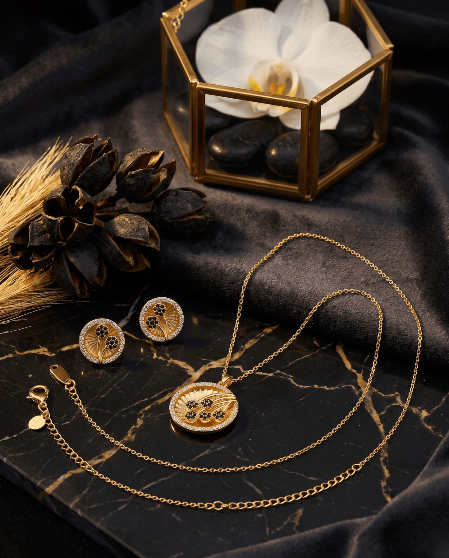 Zircon Flower Medallion Necklace & Earring Set