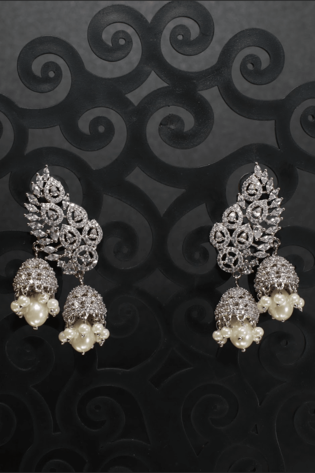 Zircon Leafwork Jhumka Earrings with Pearl Drops - Maxiblink
